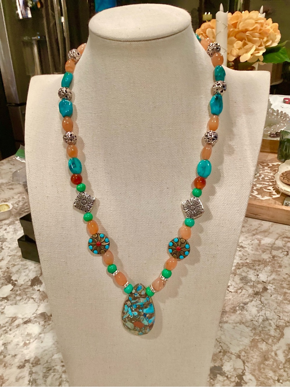 Artisan Handcrafted Turquoise & Orange Beaded Pendant Necklace - Picture 3 of 10